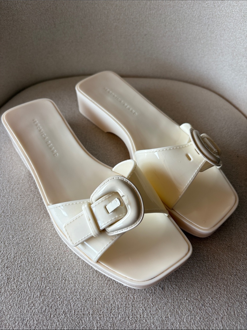 Veronica Beard Ivory Patent Buckle Mules